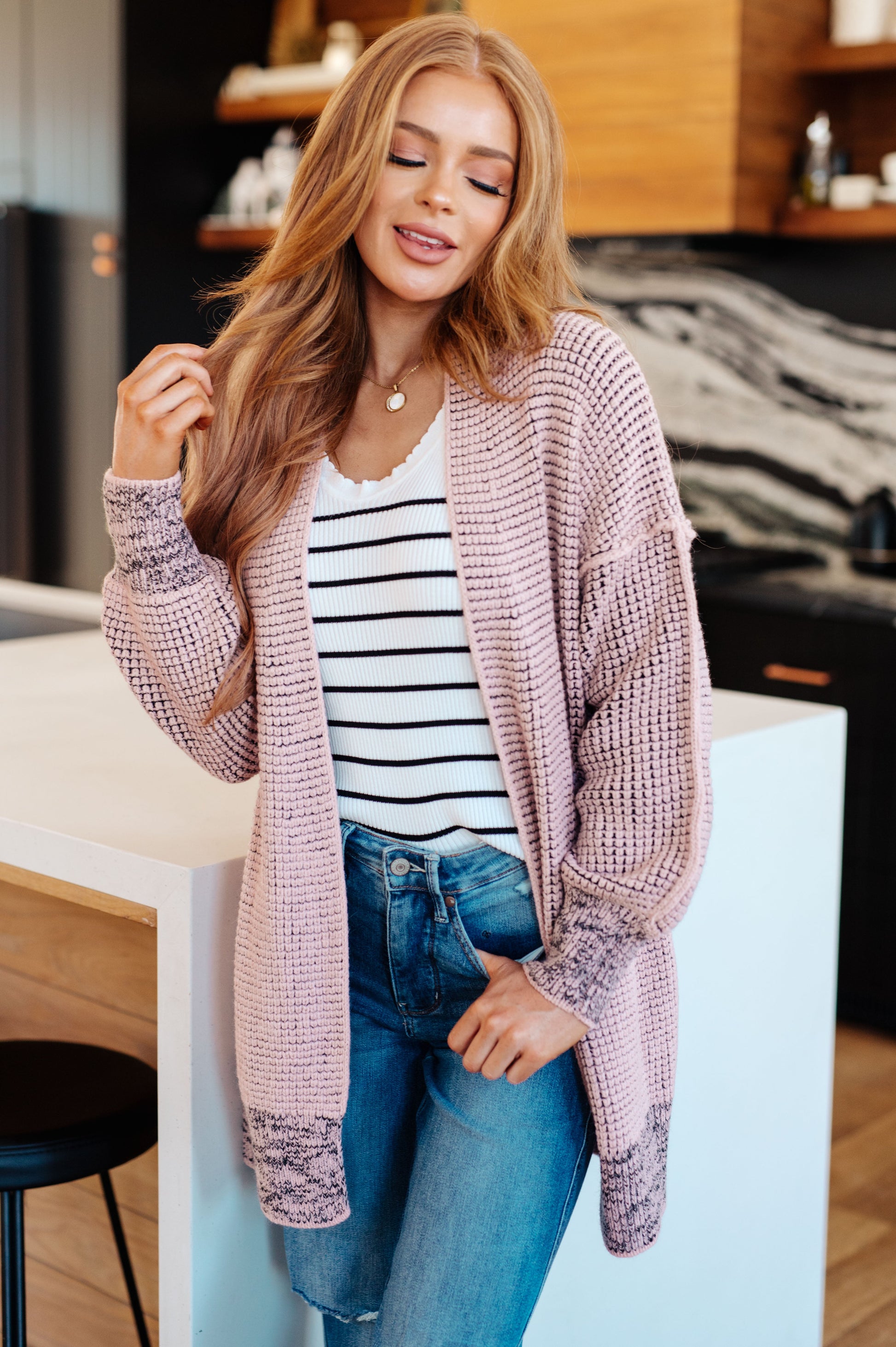 Straight-on front view of Ginni Mauve Cardigan, melange waffle knit texture