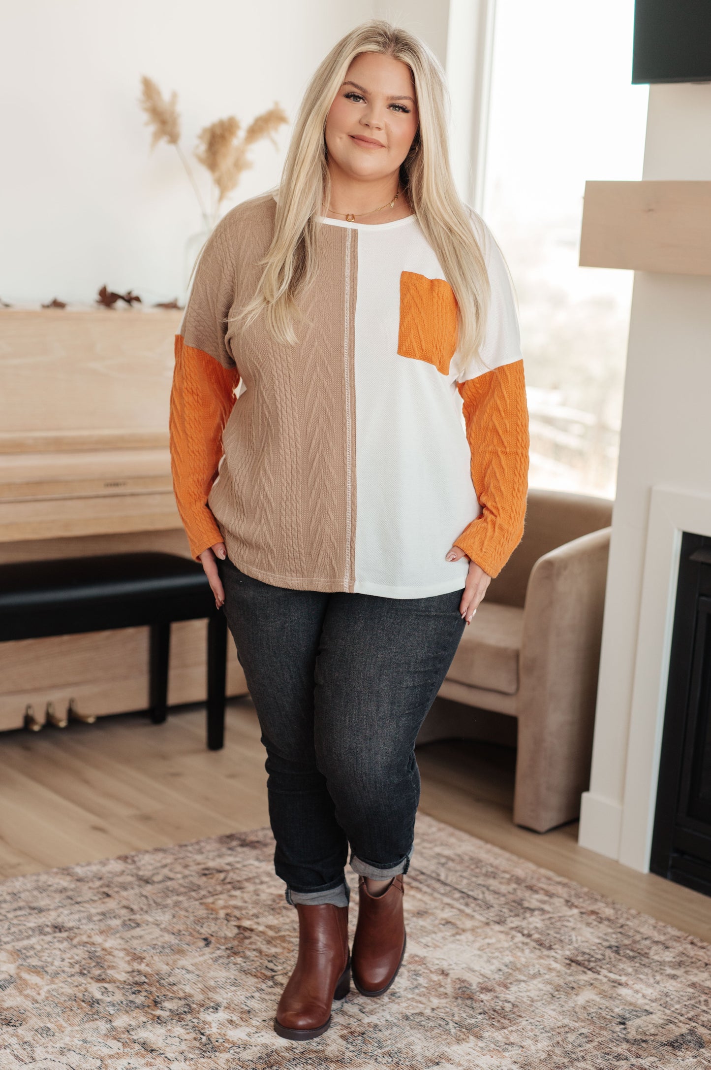 Plus size full body view of Cleo Colorblock Top with patch pocket