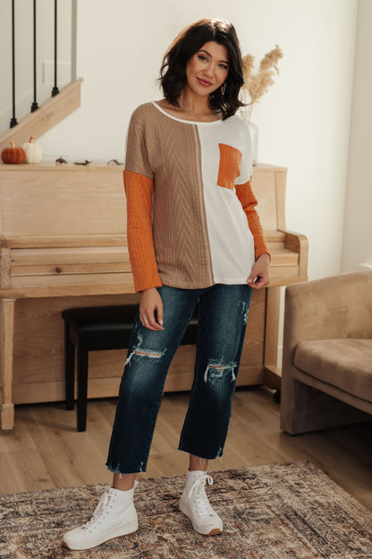 Full body view of Cleo Colorblock Top styled with jeans