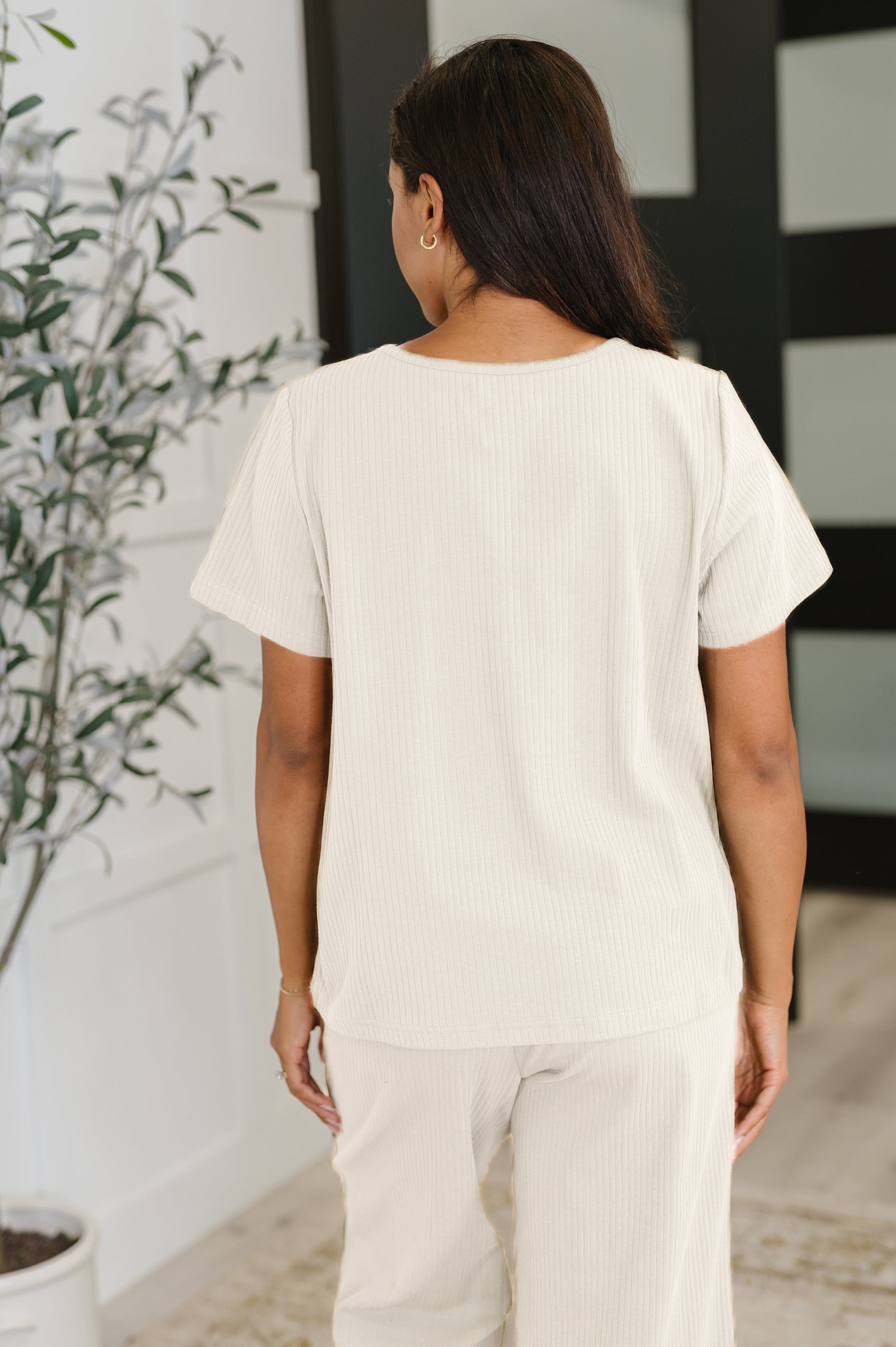 Thyme Boxy Tee in Cream back view showing relaxed silhouette and ribbed knit