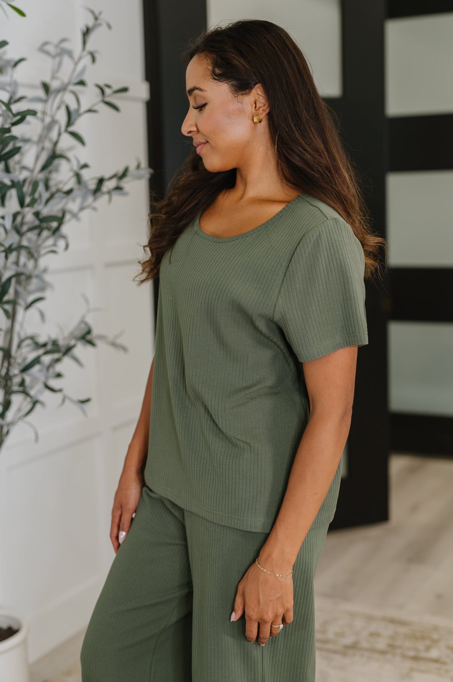 Thyme Boxy Tee in Dusty Pine side angle highlighting boxy relaxed silhouette