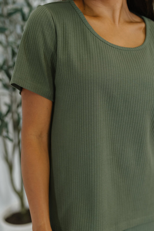 Thyme Boxy Tee in Dusty Pine close up showing ribbed knit fabric and neckline detail