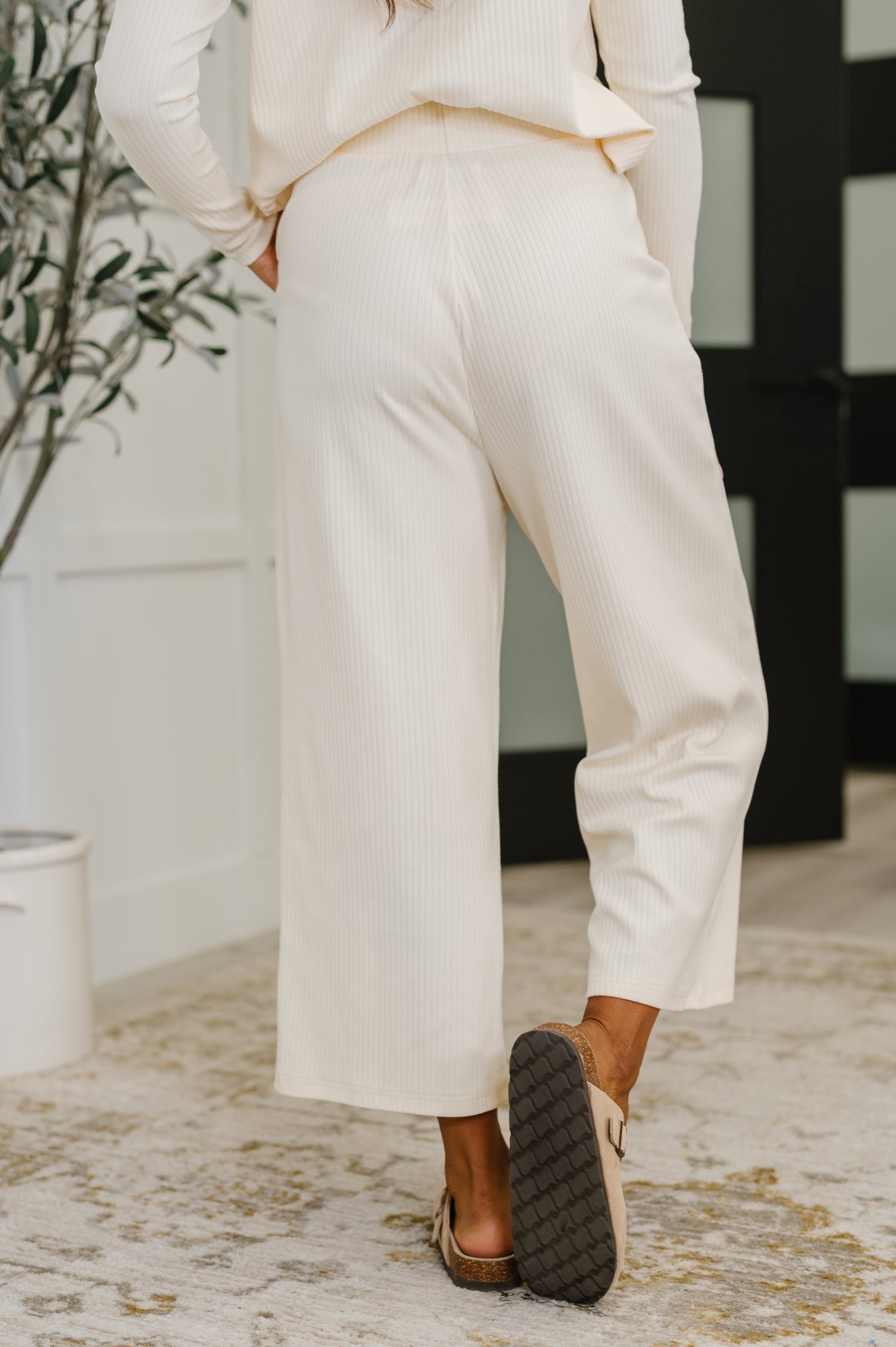 Thyme Culottes in Cream back view showing high waist and straight leg silhouette