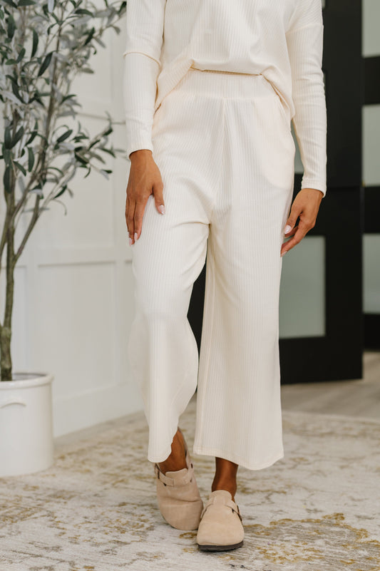 Thyme Culottes in Cream front view with high waist and ribbed knit fabric