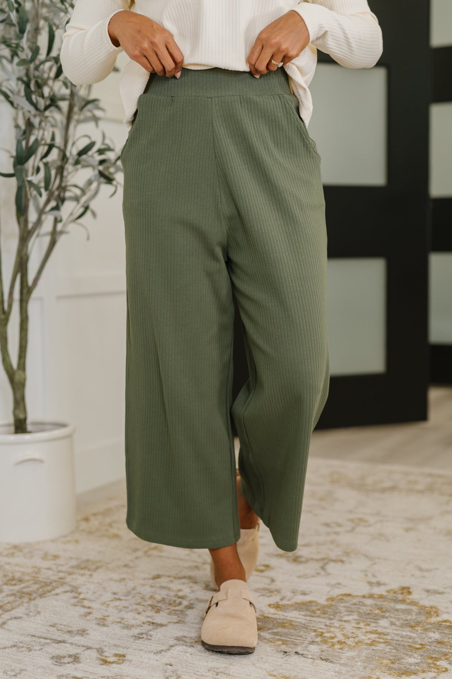 Thyme Culottes in Dusty Pine front view with high waist and straight leg silhouette