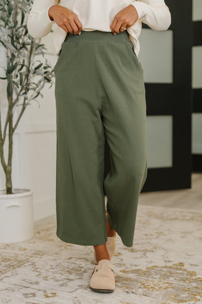 Thyme Culottes in Dusty Pine front view with high waist and straight leg silhouette