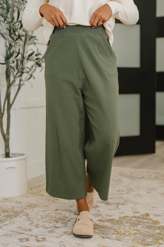 Thyme Culottes in Dusty Pine front view with high waist and straight leg silhouette