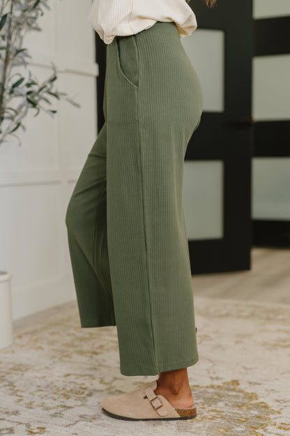 Thyme Culottes in Dusty Pine side angle highlighting ribbed knit and straight leg cut