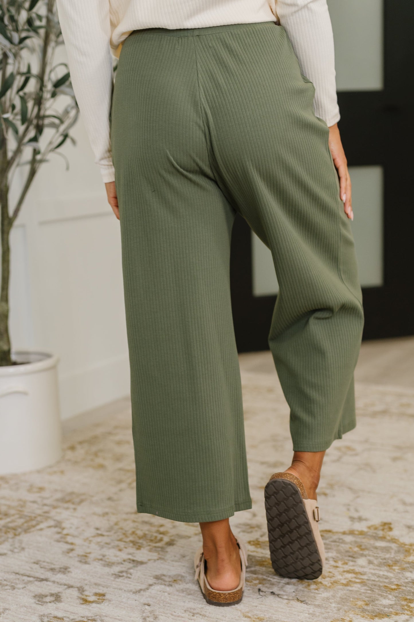 Thyme Culottes in Dusty Pine back view showing high waisted fit and relaxed silhouette