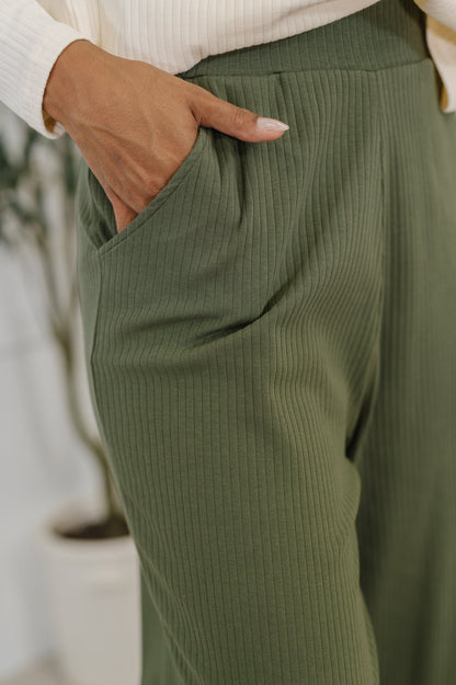 Thyme Culottes in Dusty Pine close up view showing ribbed knit fabric and side pocket detail