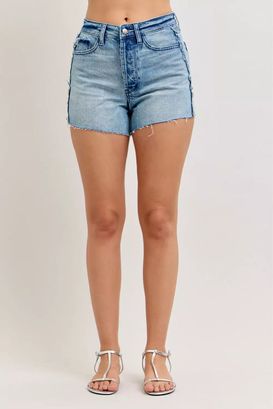 Tina High Waist Cut Off Shorts by Judy Blue in medium wash with raw hem
