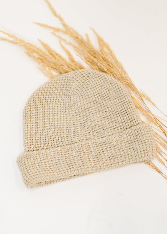 Flat lay of Toasted Waffle Knit Beanie with high-stretch knit construction.