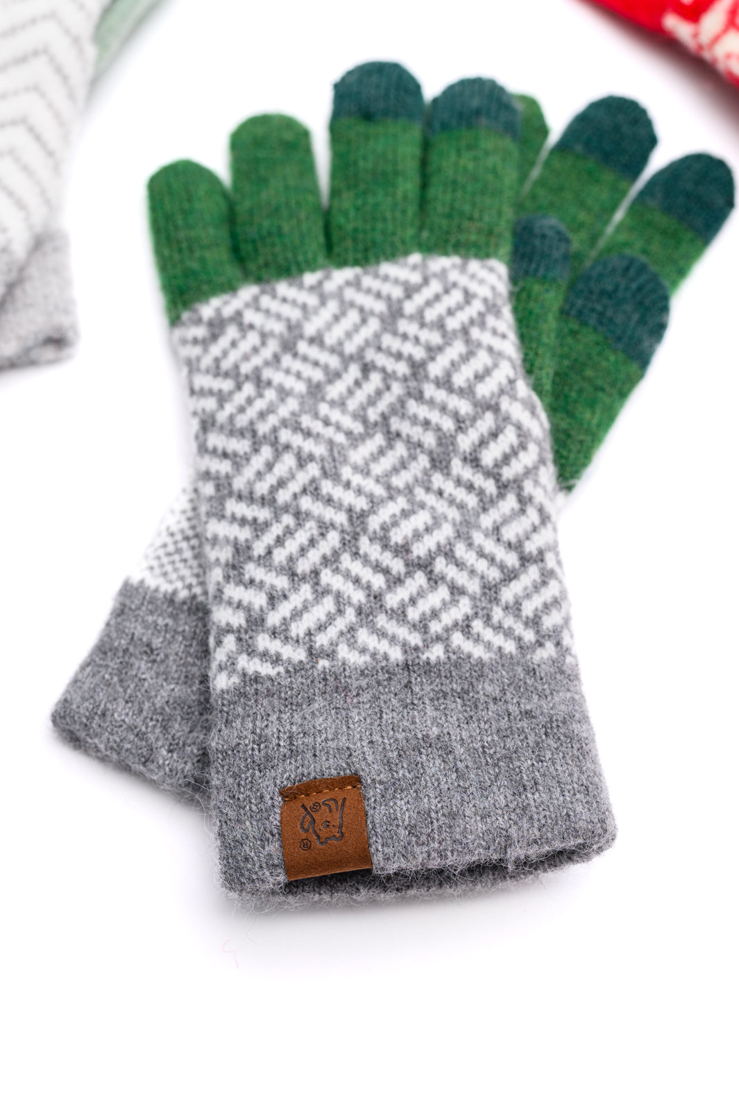  Women's gray and green patterned knit gloves, touch screen compatible with elastic cuff.