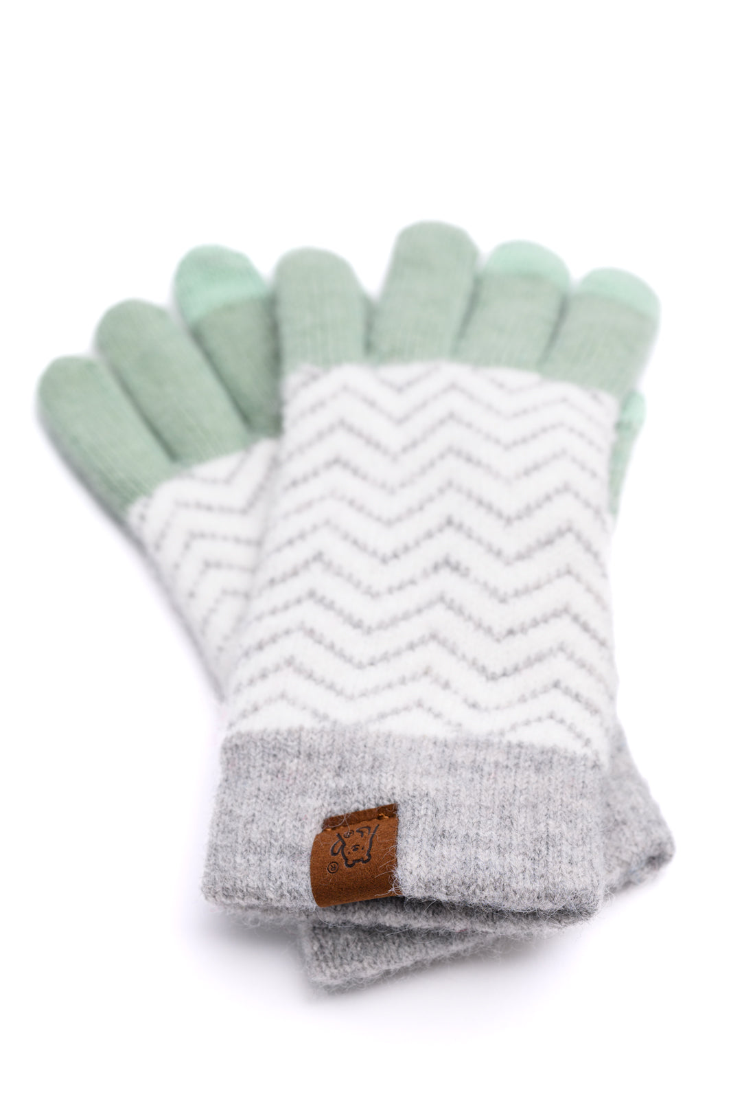  Women's gray and green patterned knit gloves, touch screen compatible with elastic cuff.