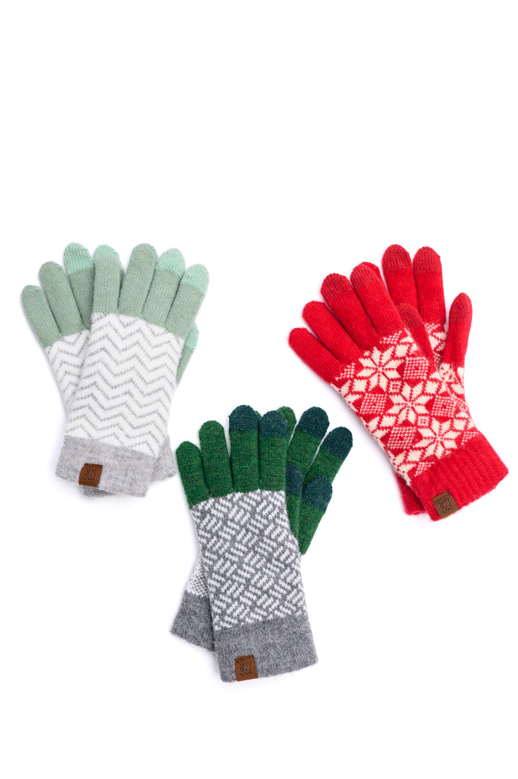  Women's red and green patterned knit gloves, touch screen compatible with elastic cuff.