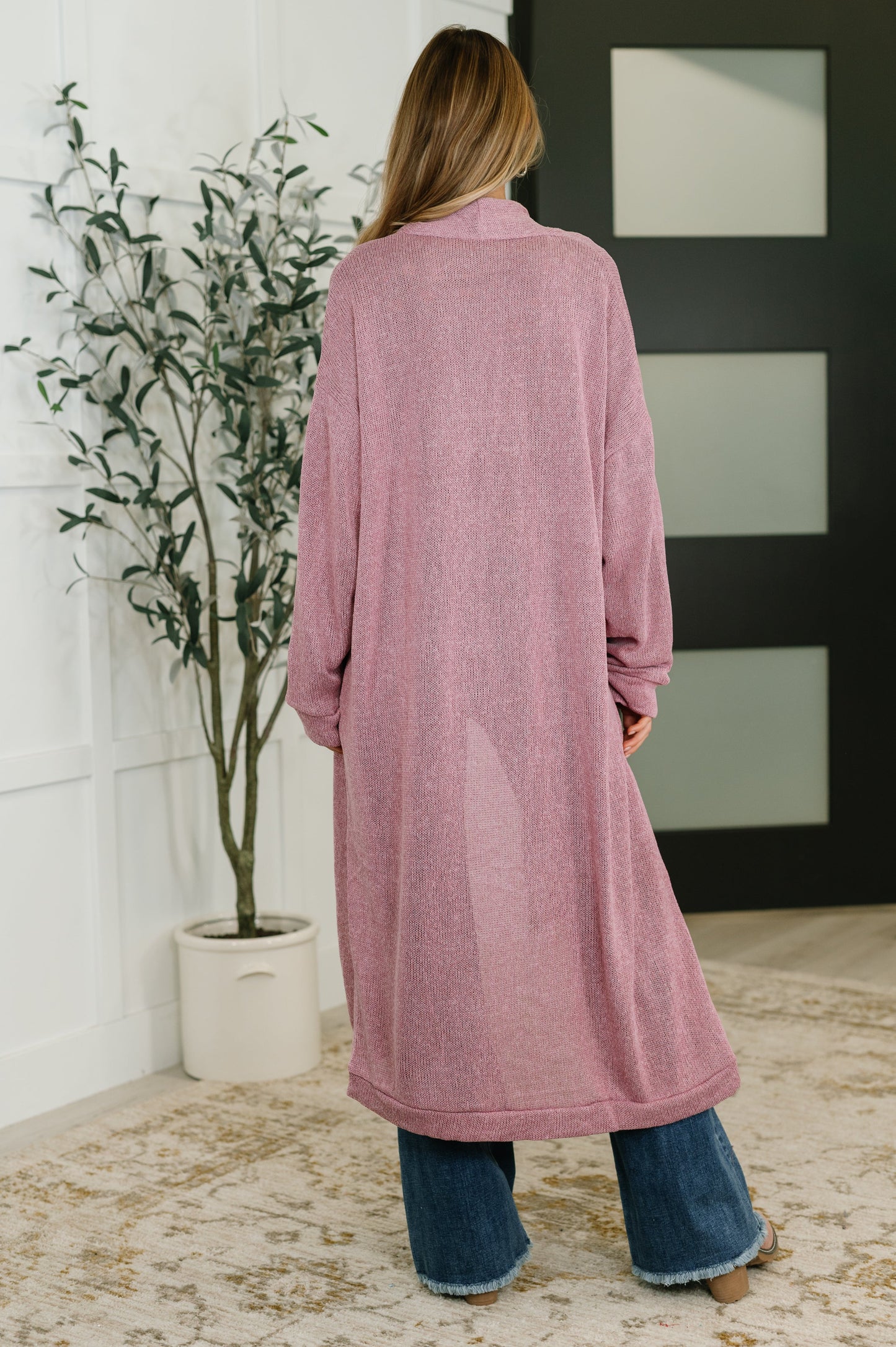 Back view of Teagan Open Front Cardigan in Cashmere Rose showing long sleeves and neat hem.