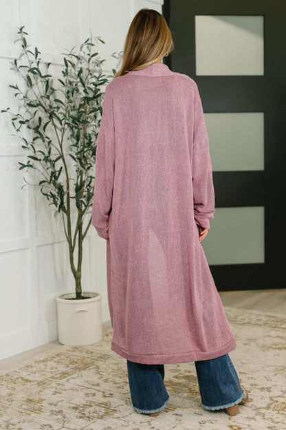 Back view of Teagan Open Front Cardigan in Cashmere Rose showing long sleeves and neat hem.