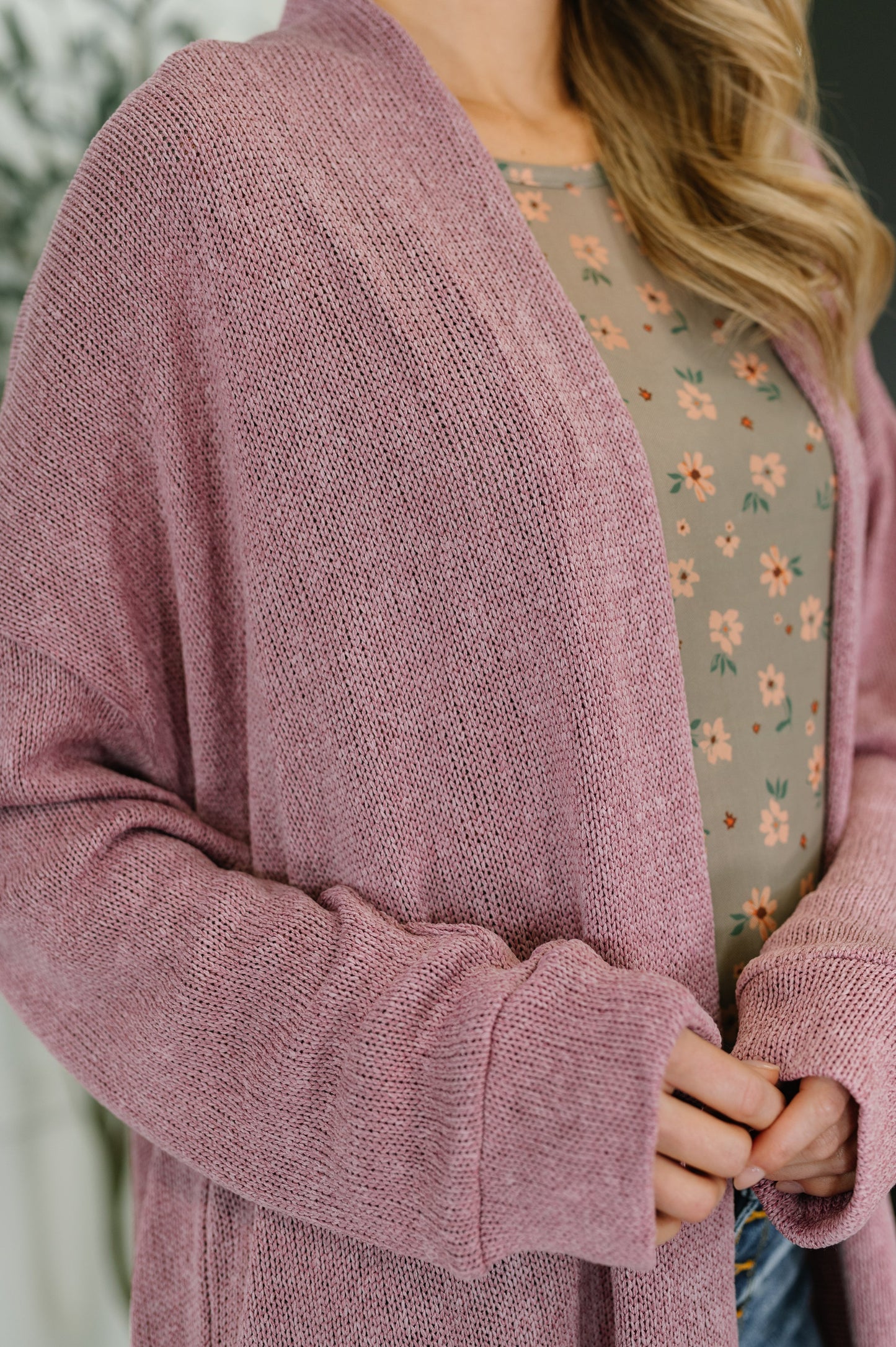 Close-up of Teagan Open Front Cardigan texture showing soft knit and ribbed cuff detail.