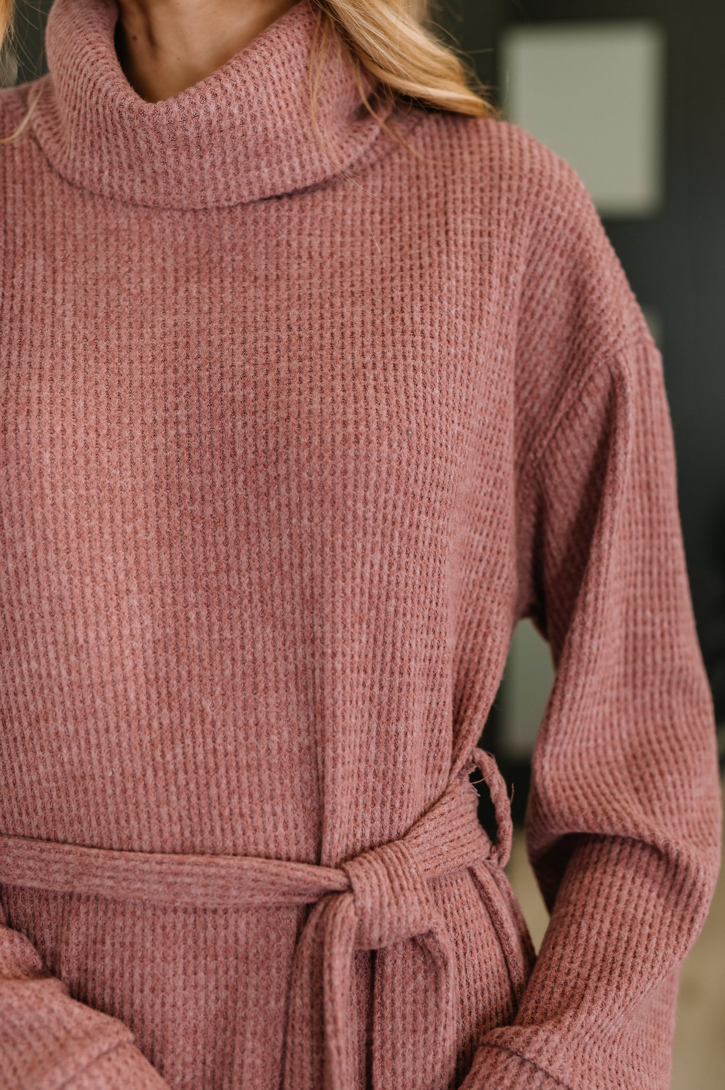 Close-up of Travita Plush Knit Dress fabric showing soft waffle knit texture.