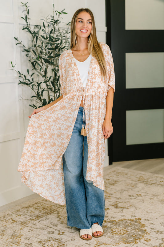 Front view of Tropical Print Gauze Kimono showing open front and tropical print.