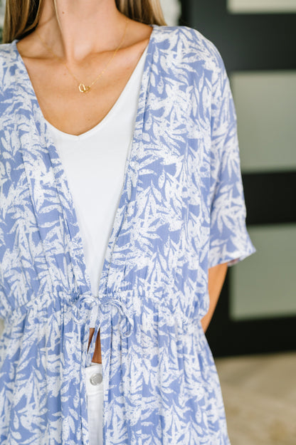 Close Up view of the Copacabana tropical kimono styled as beach cover-up with waist tie.
