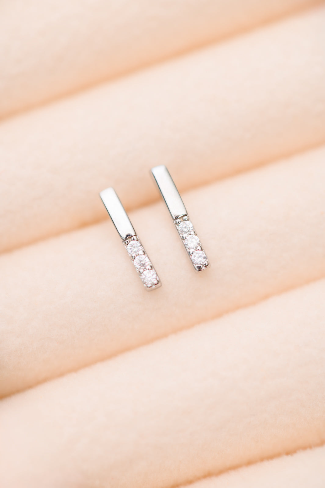 Silver bar Stud Earrings made with 925 Sterling Silver, featuring zircon stones and a push-back closure. 