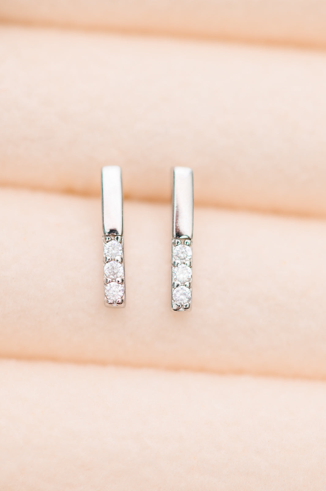 Silver bar Stud Earrings made with 925 Sterling Silver, featuring zircon stones and a push-back closure. 