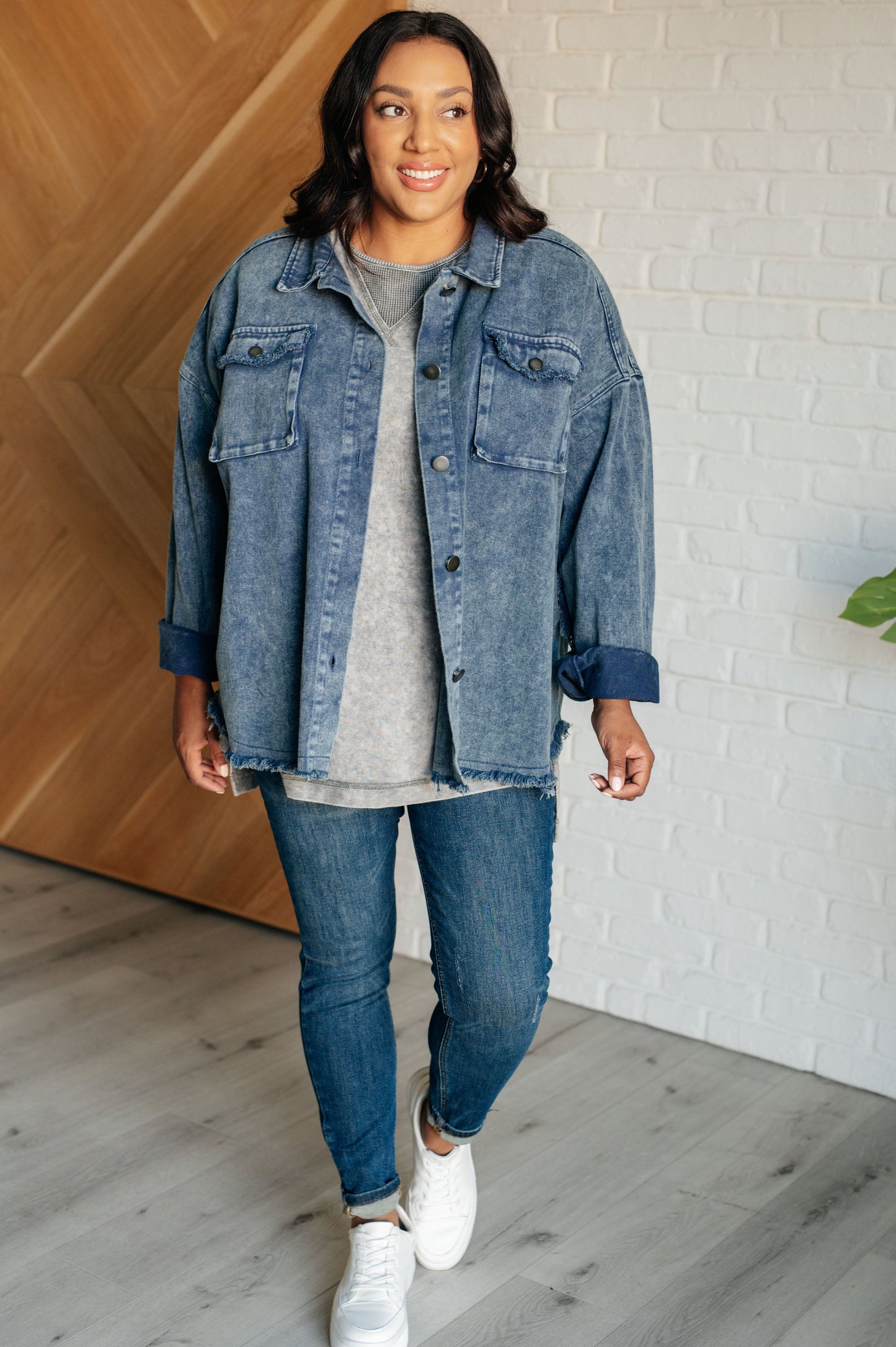 Women's Ubon Mineral Wash Top in gray featuring a round neck, short sleeves with drop shoulders, raw edge details, stepped hem, and side slits. Made with French terry and waffle knit contrast fabric for a laid-back, effortless look.