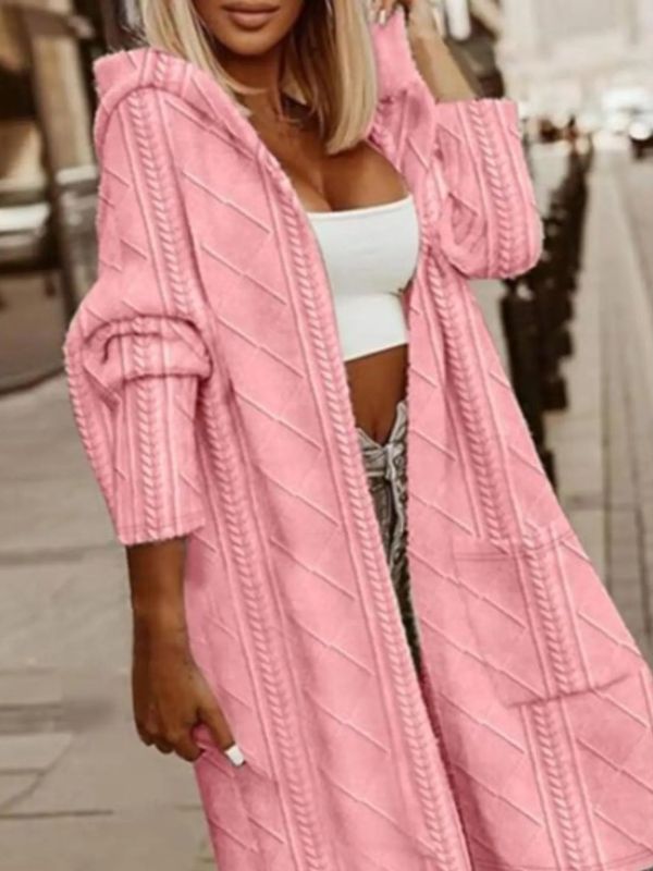 Makeda Hooded Cable Knit Cardigan in pink, front view styled for a chic casual look.