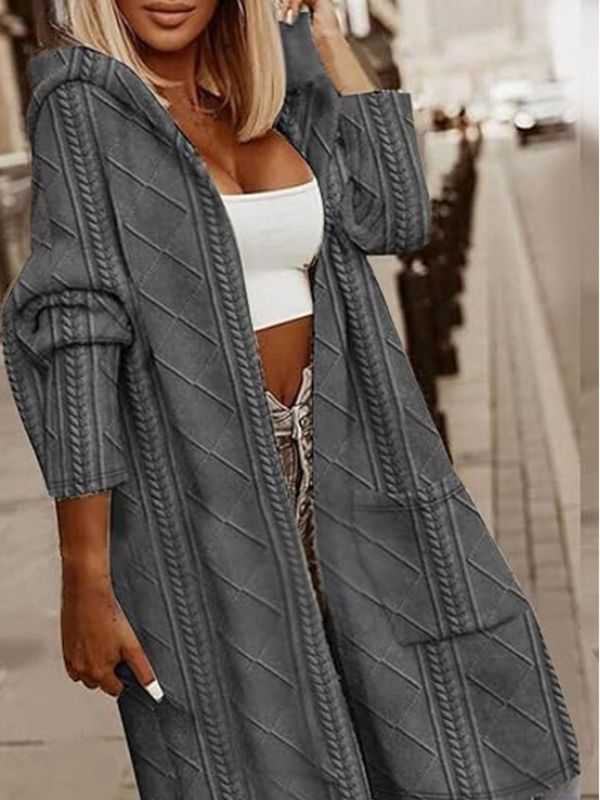 Makeda Hooded Cable Knit Cardigan in gray, front view styled with casual outfit.