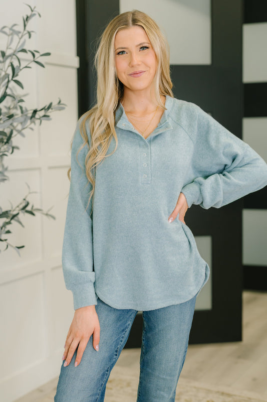 Murphy Blue Grey Pullover with snap front and hi-low hem.