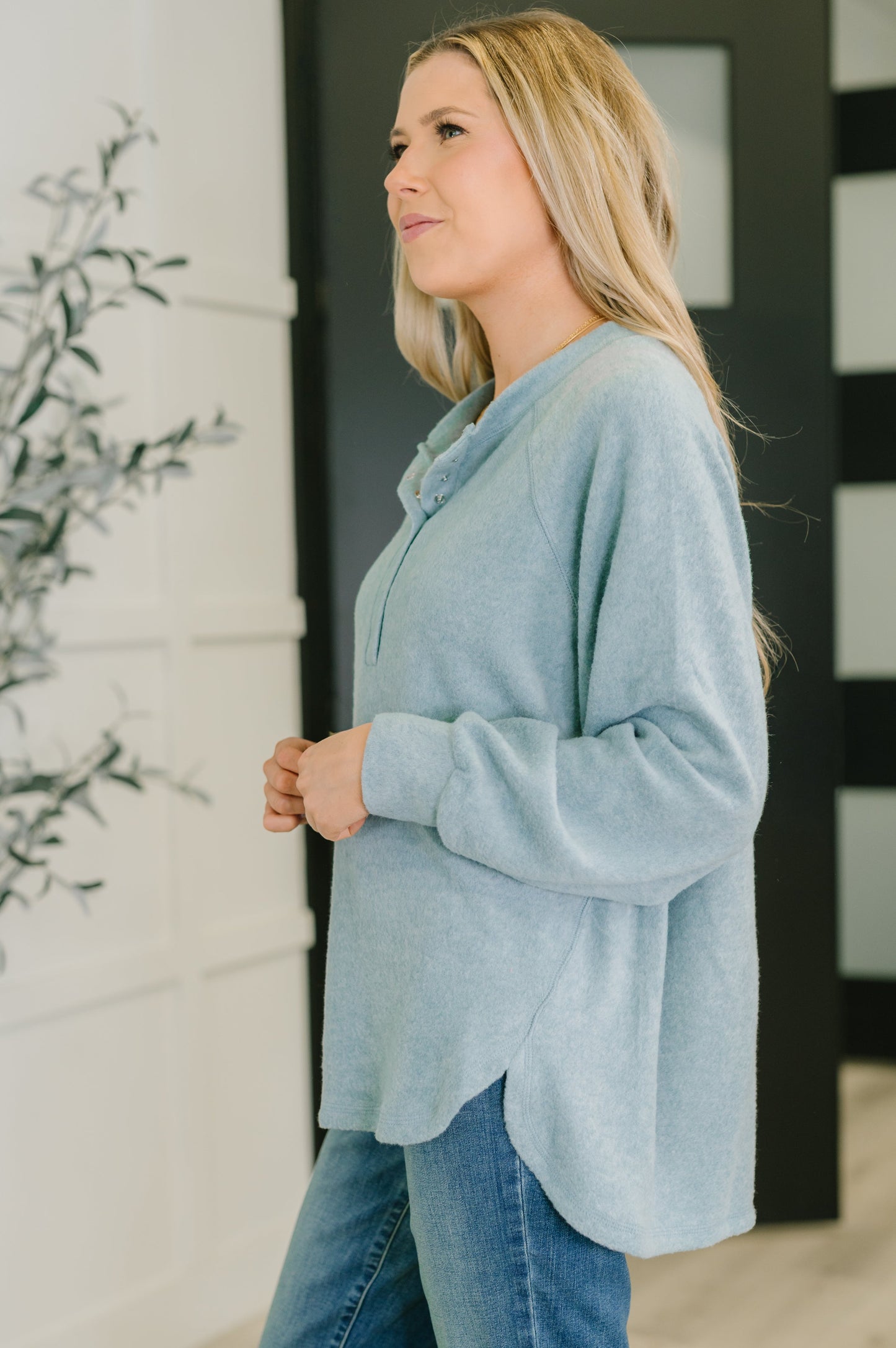 Relaxed fit and scooped hi-low hem on Murphy Blue Grey Pullover.