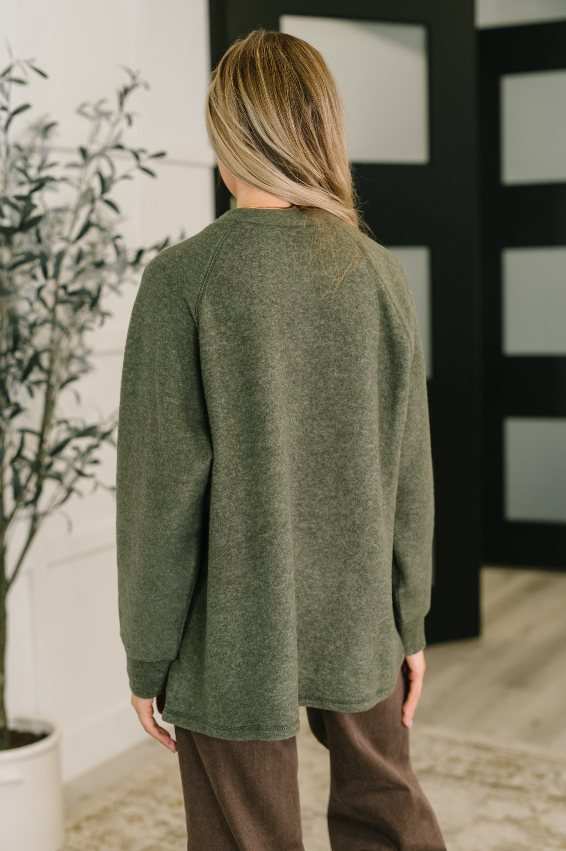 Murphy Olive Pullover back view showing relaxed fit and soft drape