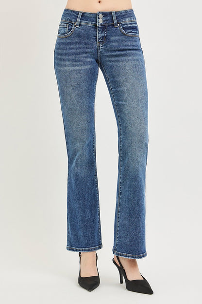 Front view of Vinny Bootcut Jeans by Risen showing low rise waist and bootcut leg.