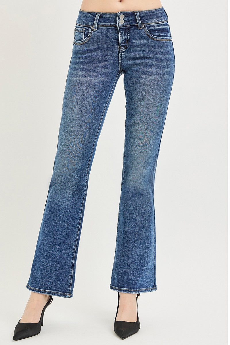 Angled view of Vinny Bootcut Jeans by Risen flattering low rise silhouette.