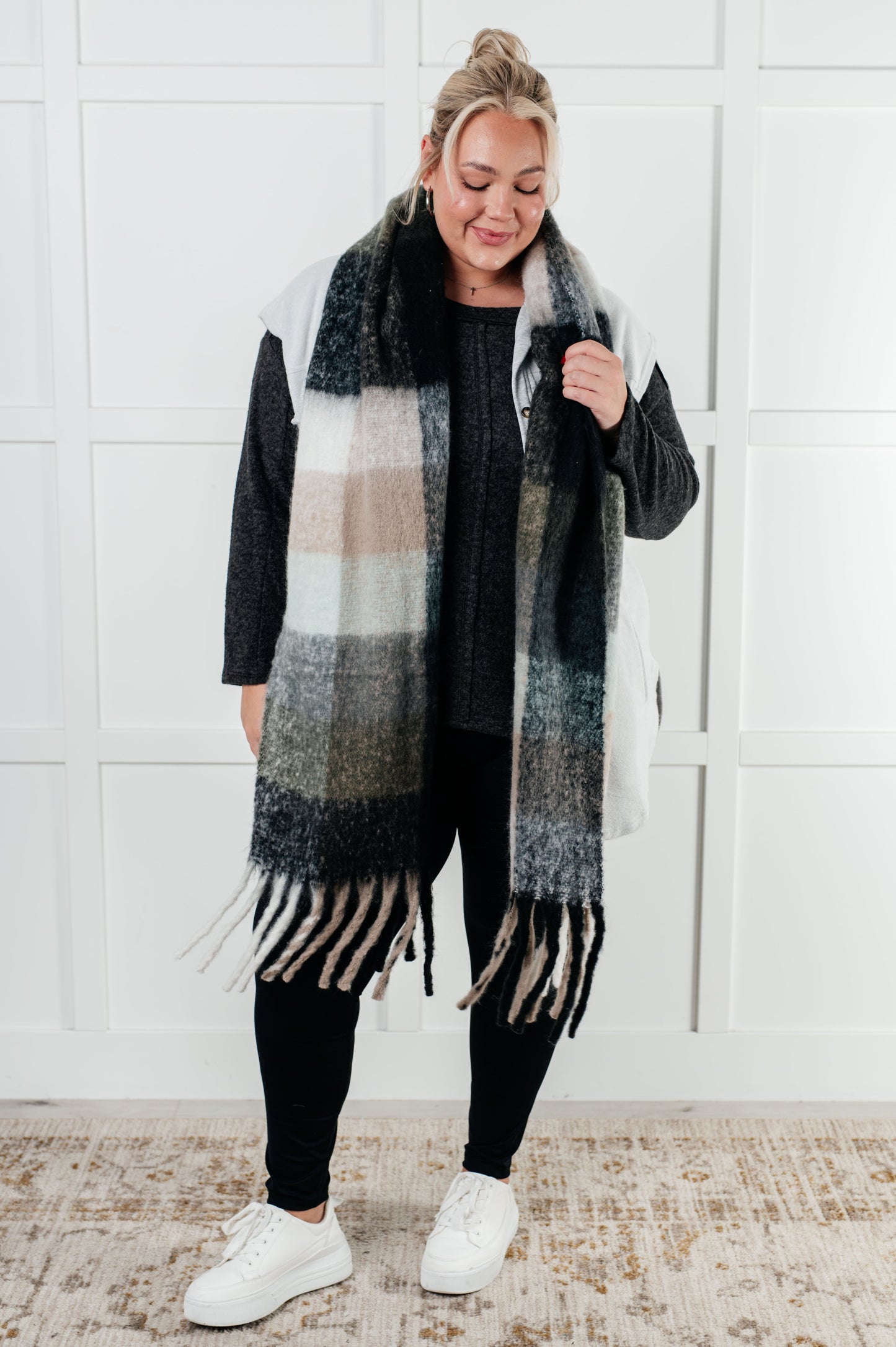 Women's oversized plaid fringe scarf in gray and jade.