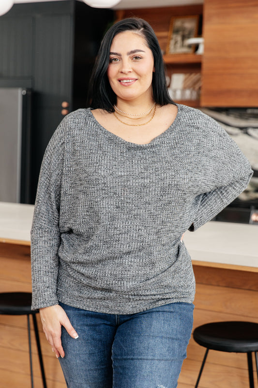 Plus size front view of charcoal Haddie Ribbed Waffle Knit Top with boat neckline and dolman sleeves