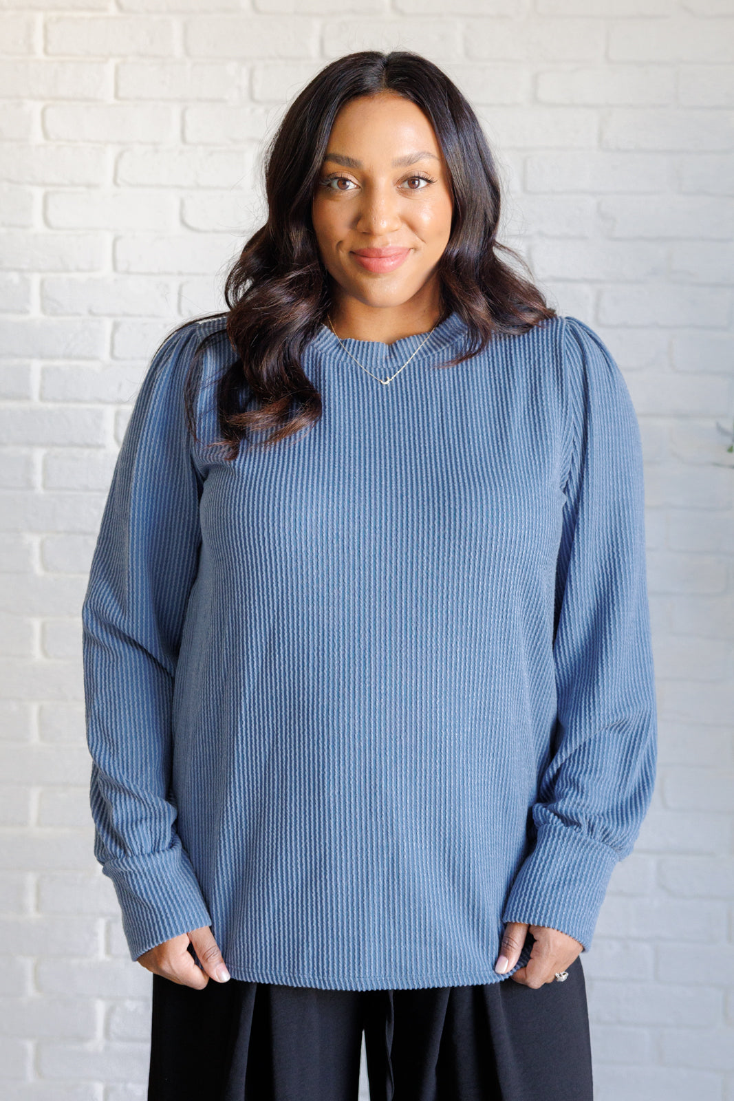 Michone Mineral Wash Ribbed Knit Top in Vintage Denim