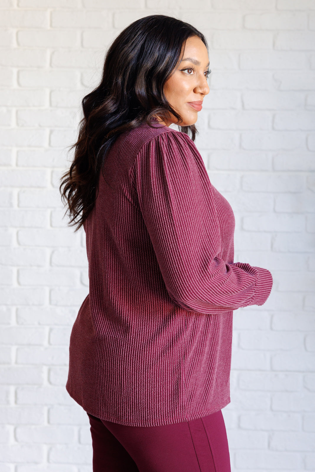 Michone Mineral Wash Ribbed Knit Top in Wine