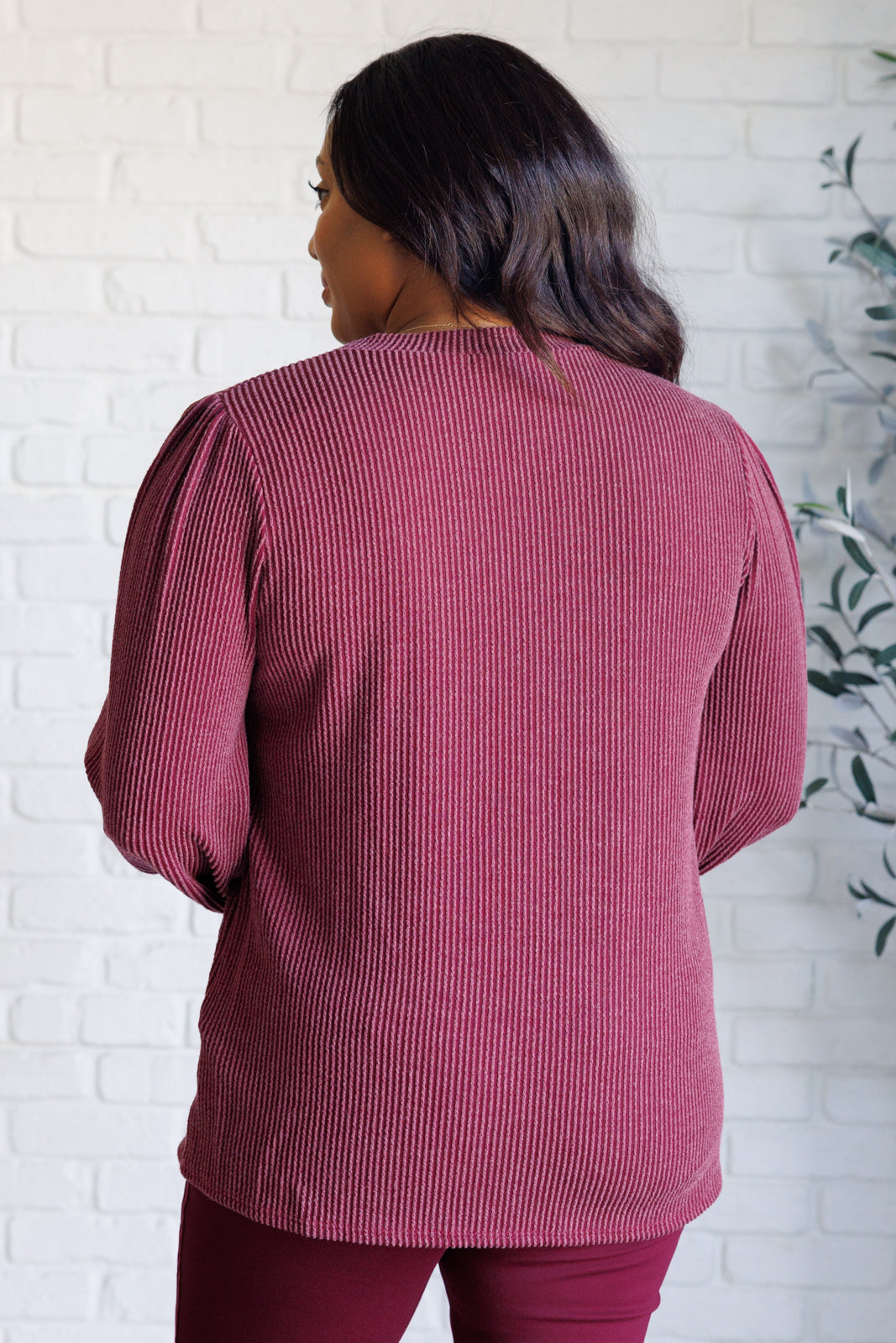 Michone Mineral Wash Ribbed Knit Top in Wine