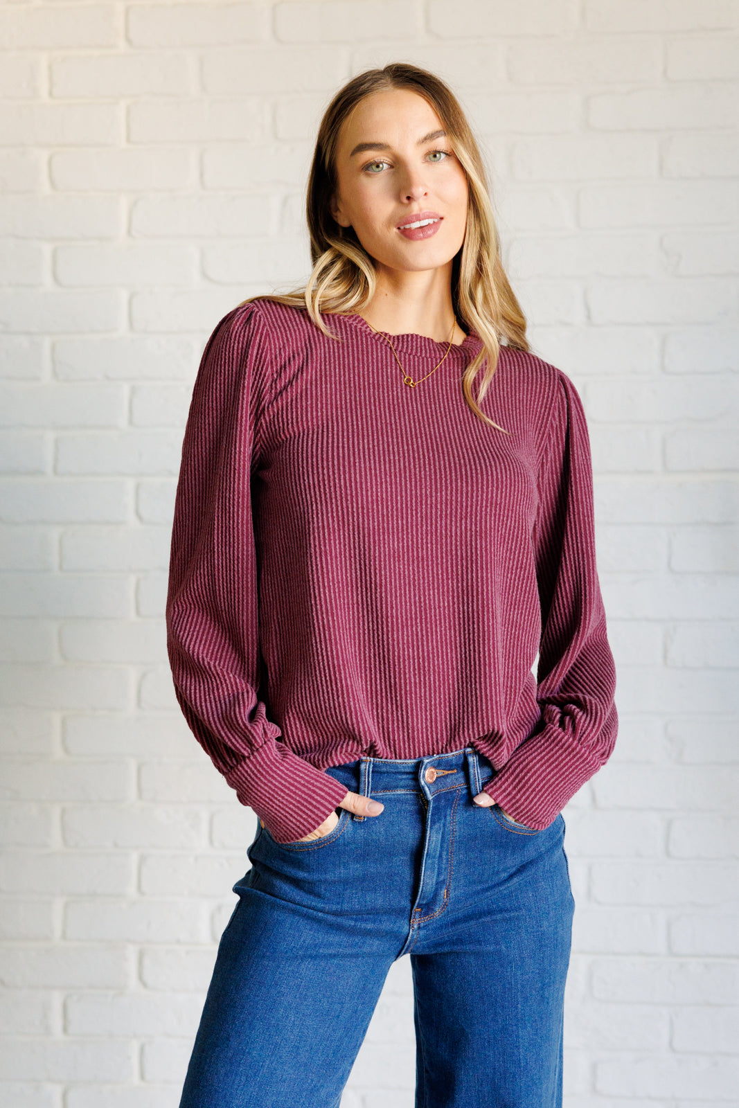 Michone Mineral Wash Ribbed Knit Top in Wine