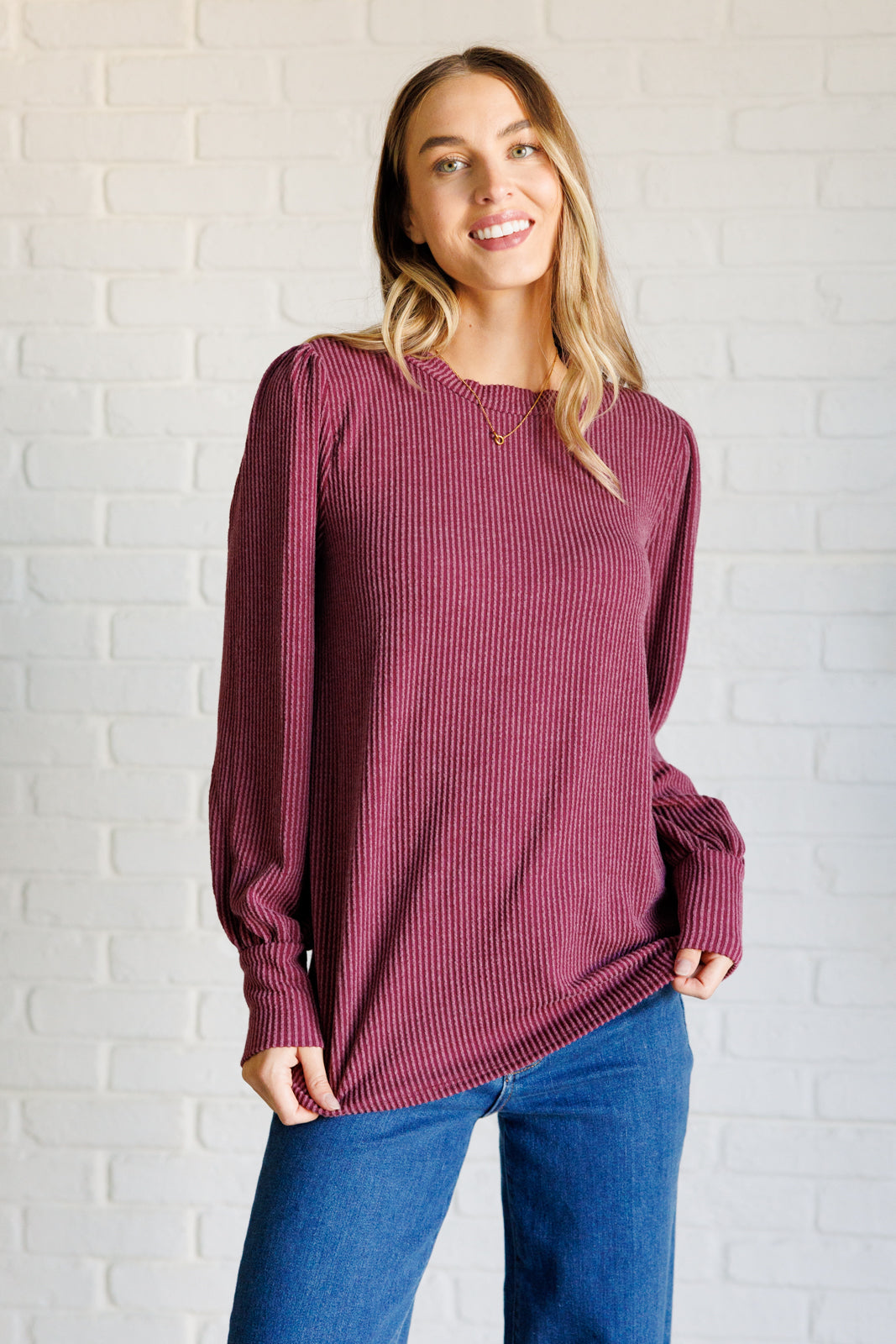 Michone Mineral Wash Ribbed Knit Top in Wine