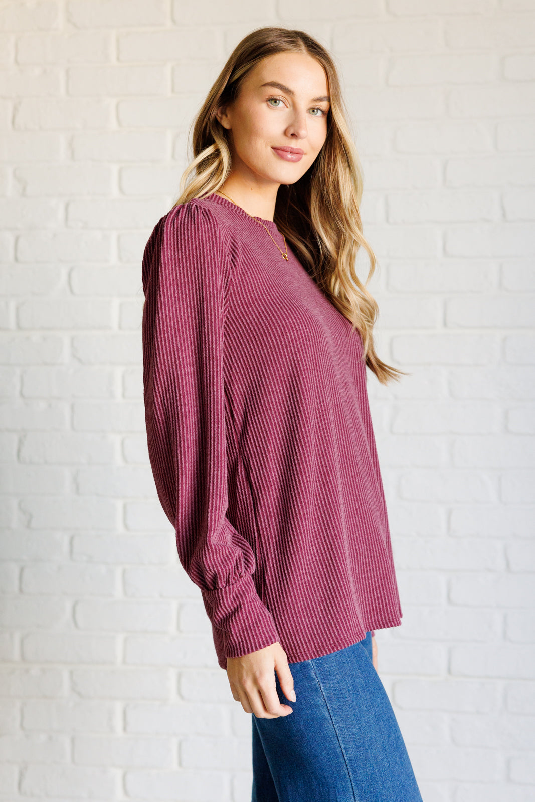 Michone Mineral Wash Ribbed Knit Top in Wine