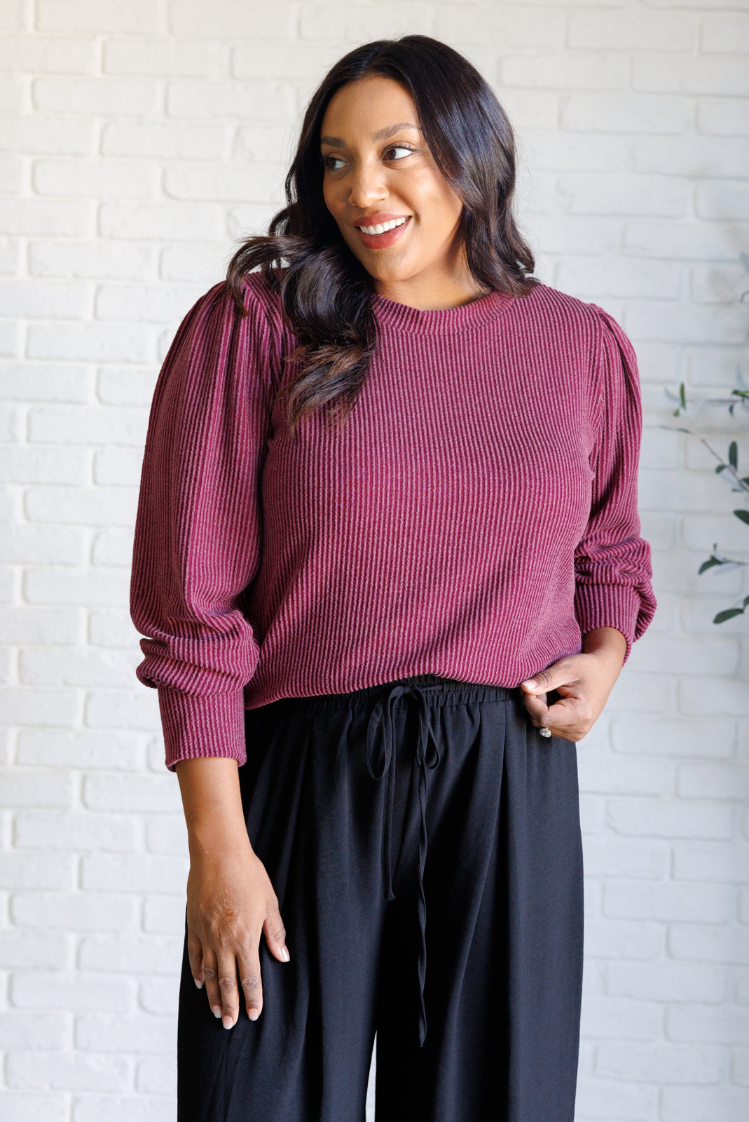 Michone Mineral Wash Ribbed Knit Top in Wine