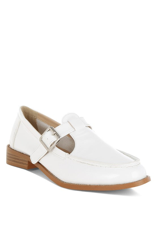 White Swenson Mary Jane Loafers front angle, glossy patent pleather with buckle strap and cushioned insole