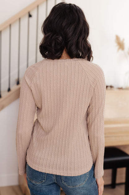 Back of Marlo Cable Detail Top in beige, textured knit fabric with raglan sleeve design