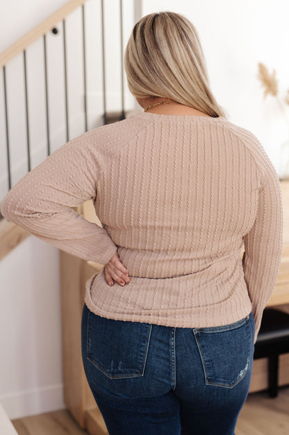 Back view of plus size model wearing Marlo Cable Detail Top, beige textured knit with relaxed silhouette