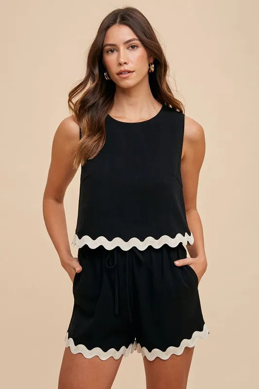 Annika Ric Rac Trim Two-Piece Set in Black – Sleeveless Top and Drawstring Shorts with Contrast Stitching.