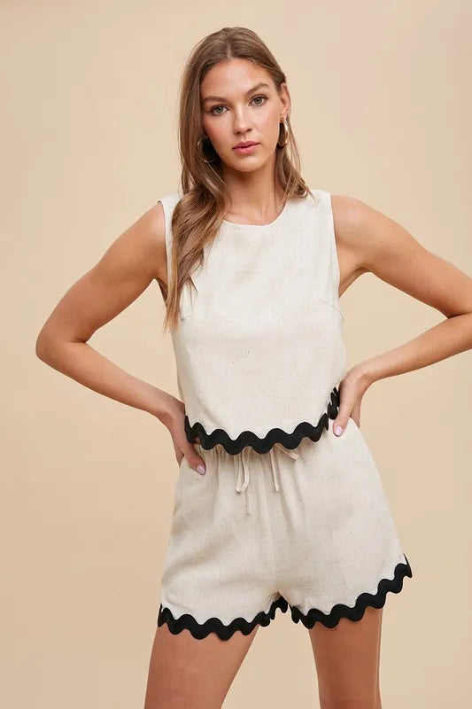 Annika Ric Rac trim two-piece natural set with sleeveless top and drawstring shorts, casual and stylish.