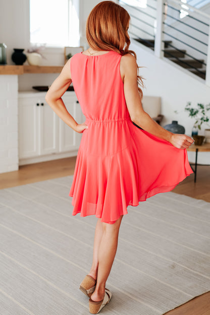 Lorna V-Neck Mini Dress - Coral, Ruffle Skirt, Drawstring Waist